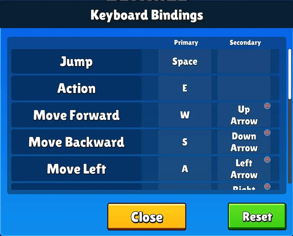 stumble guys keyboard bindings