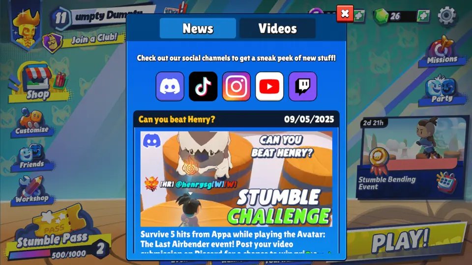 stumble guys news video screen