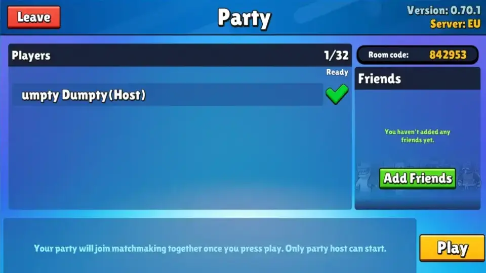 create party screen